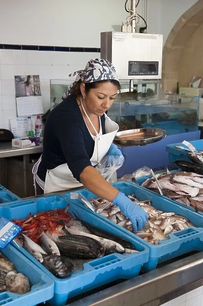 Woman selling freshly landed fish on market stall, Xabia, Alicante Province, Valencia, Spain, May