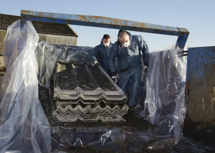 Framed Print : Workers removing agricultural building roofing sheets containing asbestos Framed Print : Workers removing agricultural building roofing sheets containing asbestos