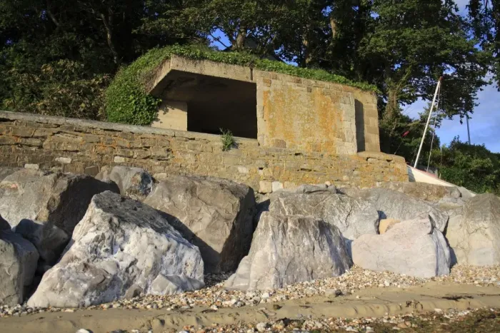 Framed Print : World War Two gun emplacement and riprap boulders at edge of beach, Bembridge, Isle of Wight, England, june Framed Print : World War Two gun emplacement and riprap boulders at edge of beach, Bembridge, Isle of Wight, England, june