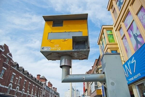 Yellow Gatso speed camera in town, Blackpool, Lancashire, England, may