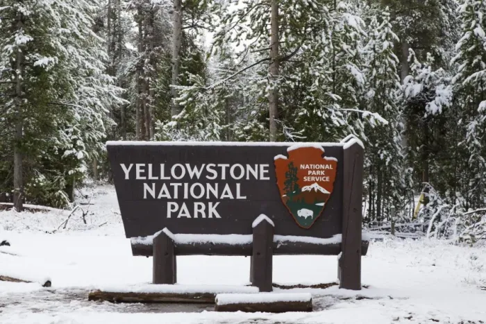 Framed Print : Yellowstone National Park sign in snow, Yellowstone N. P. Wyoming, U. S. A. October Framed Print : Yellowstone National Park sign in snow, Yellowstone N. P. Wyoming, U. S. A. October
