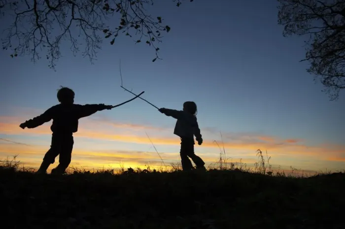 Framed Print : Young children playing, having stick fight at edge of woodland, silhouetted at sunset, Norfolk, England, december Framed Print : Young children playing, having stick fight at edge of woodland, silhouetted at sunset, Norfolk, England, december