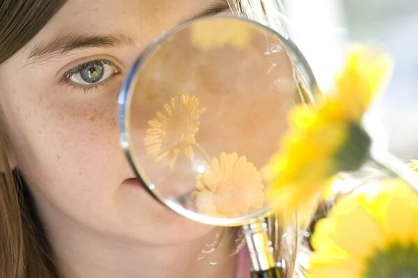 Young girl looking at flower through magnifying glass, England, october