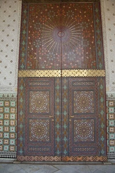 Africa, Morocco, Casablanca. Royal Palace, ornate wooden harem doors surrounded by