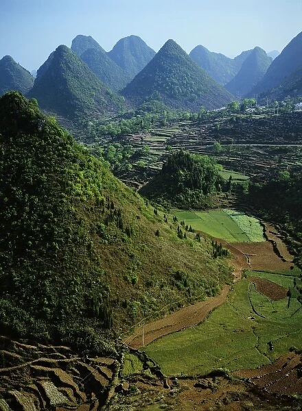 Asia, China, Guizhou Province, Xingyi. Limestone karst mountains surround farm fields