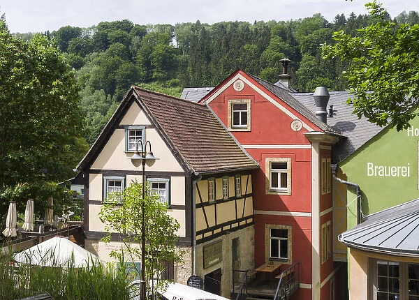 Traditional Half timbered buidlings in the village of Schmilka in summer, saxon switzerland