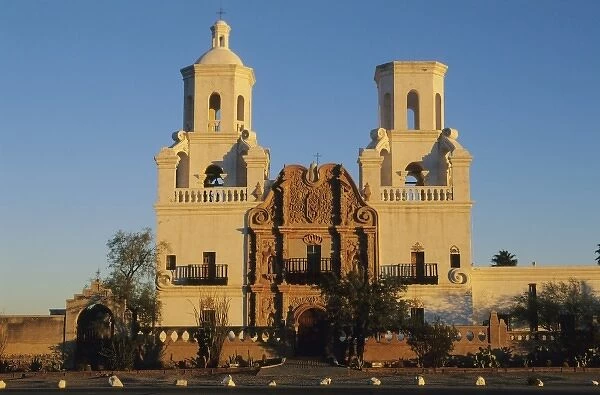 USA, Arizona, Xavier Del Bac Mission, near Tucson, sunrise on classic architecture