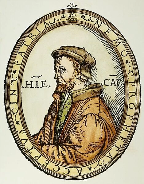 (1501-1576). Italian mathematician, physician, and astrologer. Woodcut from the cover of his Practica arithmetice, 1539