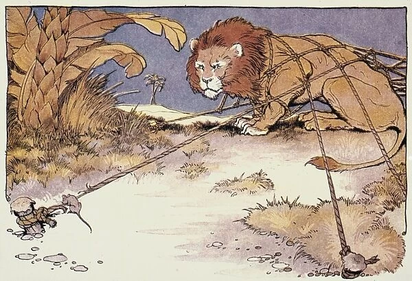 Aesops fable of The Lion and the Mouse. Watercolor by Milo Winter