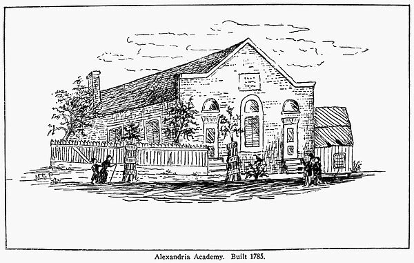 ALEXANDRIA ACADEMY. Academy at Alexandria, Virginia, endowed by George Washington for the education of orphan children and built in 1785. Line engraving