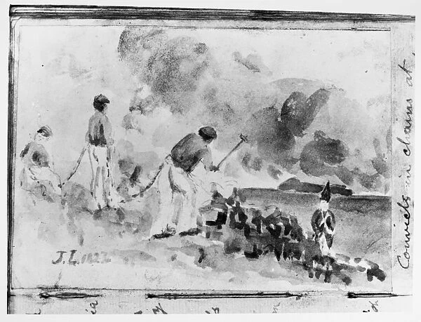 AUSTRALIA: CONVICTS, 1827. A chain gang at work in Australia. Watercolor, 1827