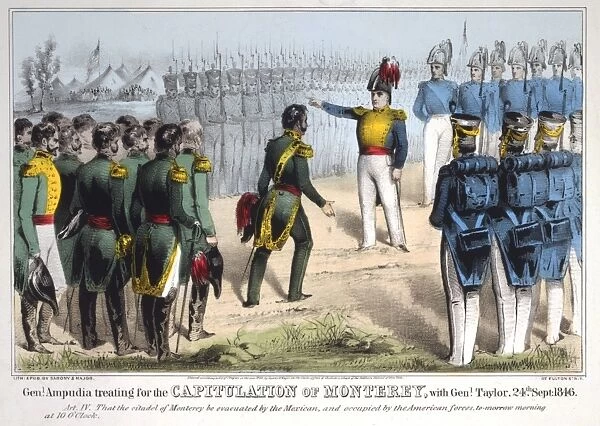 BATTLE OF MONTERREY, 1846. Mexican General Pedro de Ampudia surrendering to General