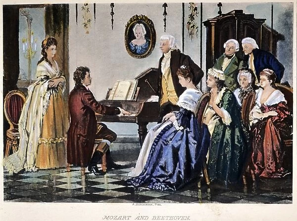BEETHOVEN & MOZART, 1787. Ludwig van Beethoven at the piano while his teacher, Wolfgang Amadeus Mozart, looks on, at a Viennese salon in 1787. Engraving, 19th century, after a painting by August Borckmann (1827-1890)