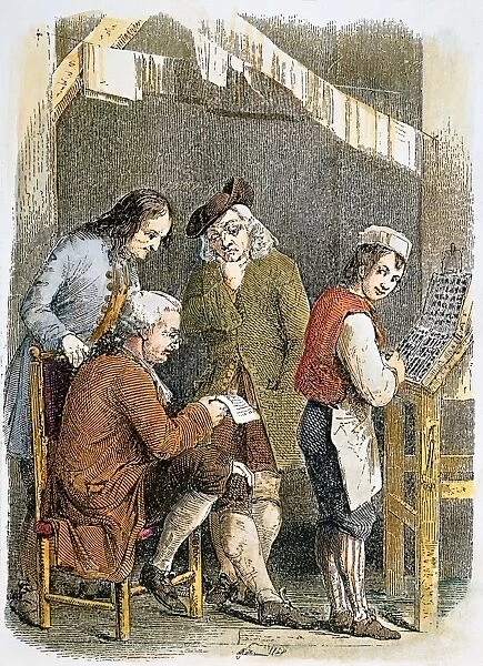 BENJAMIN FRANKLIN (1706-1790). American printer, publisher, scientist, inventor, statesman and diplomat. Franklin, far right, as an apprentice in his brother James printing shop in Boston: colored engraving, 19th century