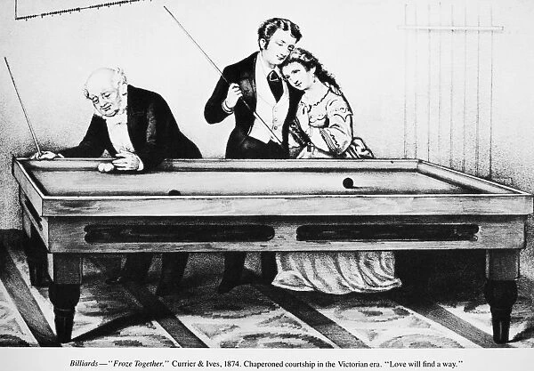 BILLIARDS, 1874. Froze Together. Lithograph, 1874, by Currier & Ives