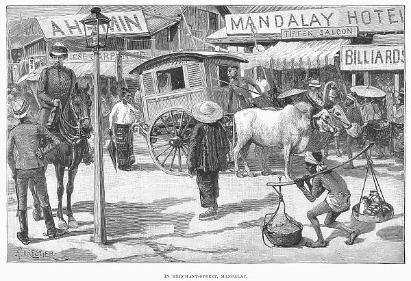BURMA: MANDALAY, 1887. Merchant Street at Mandalay, Burma. Wood engraving, 1887