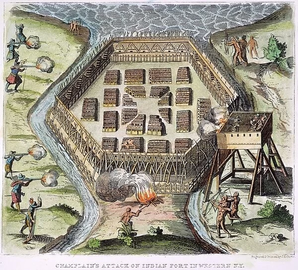 CHAMPLAIN: NATIVE AMERICAN FORT. Samuel de Champlains attack on an Indian fort in western New York. American engraving, 19th century after the original in Champlains Voyages et decouvertes faites en la Nouvelle-France, published in 1619