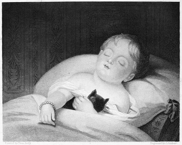 CHILD AND PET, 19th CENTURY. Bedfellows. Line and stipple engraving after the painting by Thomas Sully (1783-1872)