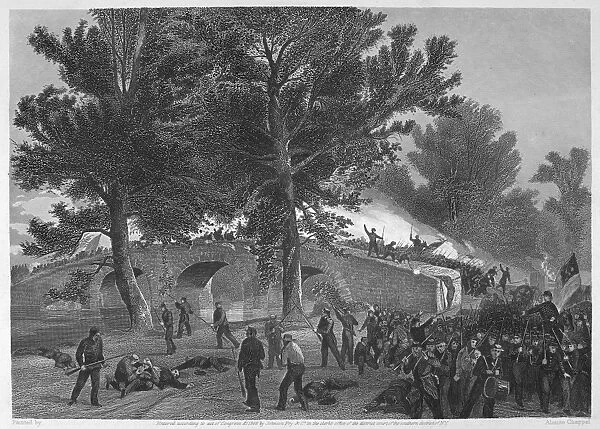 CIVIL WAR: ANTIETAM, 1862. Gallant charge of General Burnsides division at the bridge at Antietam, Maryland, 17 September 1862. Steel engraving, 19th century