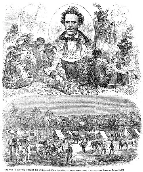 CIVIL WAR: MISSOURI. The camp of U. S. Army General James Henry Lane near Humansville, Missouri, along the Kansas border, October 1861. Contemporary American wood engraving