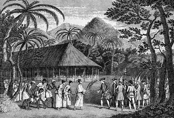 COOK: TAHITI, 1769. Captain James Cook arriving in Tahiti, 1769. Wood engraving, English, 1773