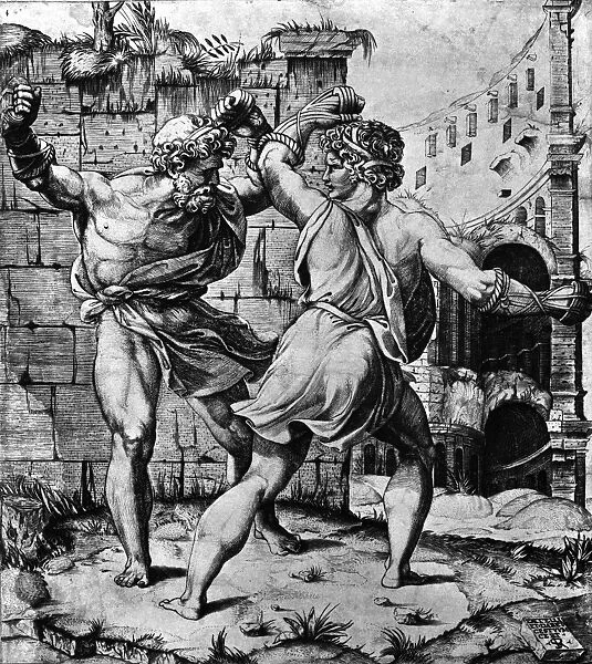 DARETE AND ENTELLO. The fight between Darete (left) and Entello from Virgils The Aeneid. Line engraving by Marco Dente, 16th century