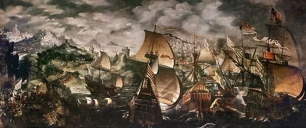 DEFEAT OF SPANISH ARMADA. Queen Elizabeth I of England reviewing ships returning