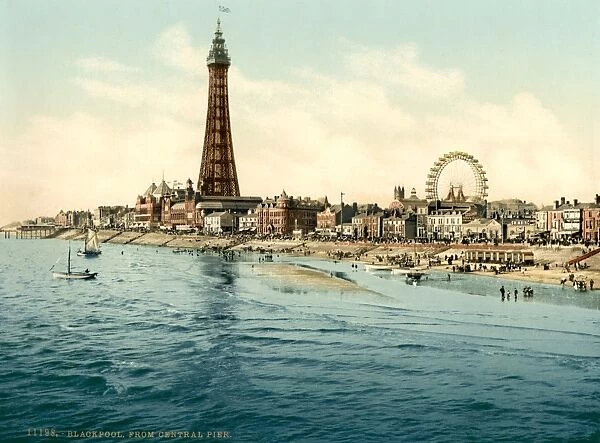 ENGLAND: BLACKPOOL, c1900. A view from the Central Pier of the beach and amusement park at Blackpool, on the Irish Sea in Lancashire, England. Photochrome, c1900