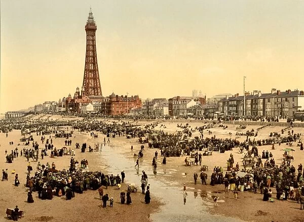ENGLAND: BLACKPOOL, c1900. A view from the South Pier of the beach and amusement park at Blackpool, on the Irish Sea in Lancashire, England. Photochrome, c1900