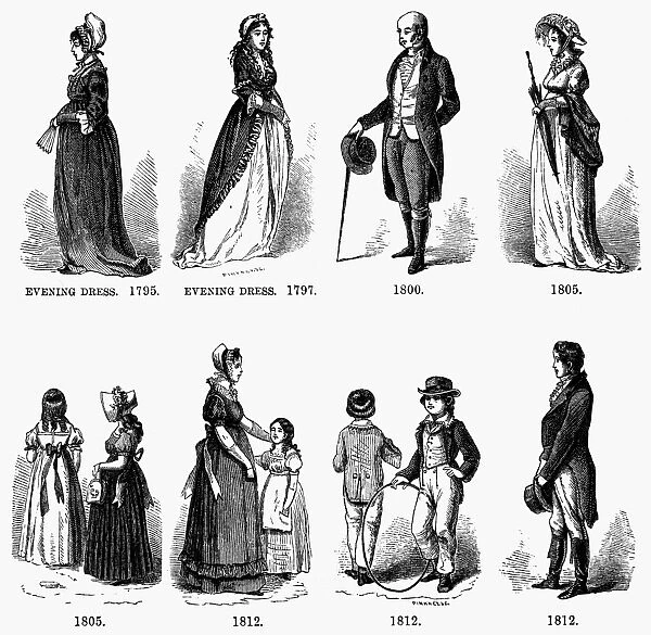 FASHION, 1795-1812. Mens, womens and childrens fashions for 1795-1812. Line engraving, American, 19th century