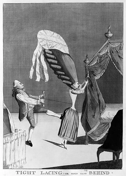FASHION: CORSET, 1777. Tight Lacing or Hold Fast Behind. English cartoon engraving, 1777, by Matthew Darly, satirizing trends in womens fashion and hairstyles
