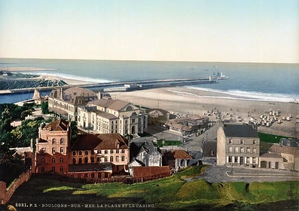 FRANCE: BOULOGNE, c1895. Aerial view of the beach and casino at Boulogne-sur-Mer, France