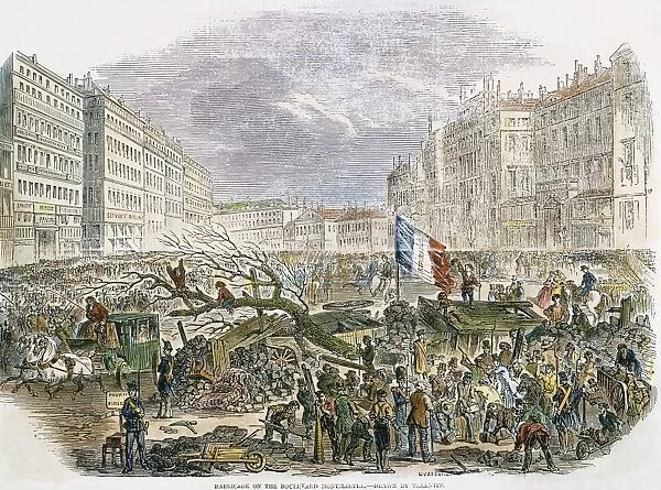 FRANCE: REVOLUTION, 1848. Barricade on the Boulevard Montmarte in Paris at the outbreak of the Revolution of 1848. Contemporary colored engraving