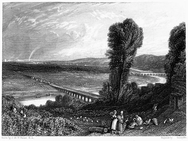 FRANCE: SEVRES, 1853. Bridges of St. Cloud and Sevres on the Seine River, near Paris. Steel engraving, 1853, after J. M. W. Turner
