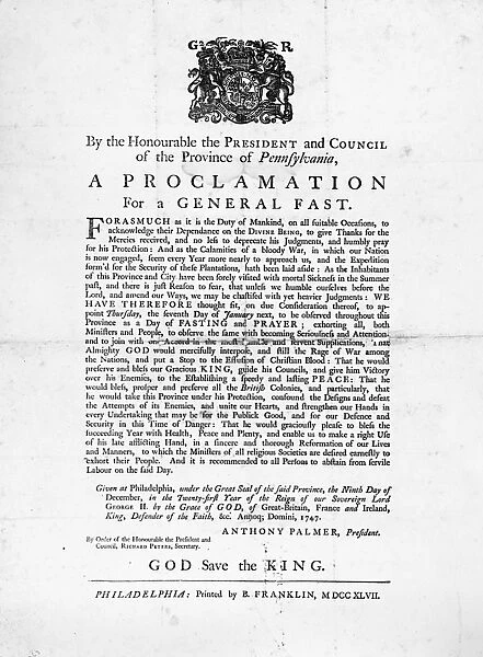 FRANKLIN: BROADSIDE, 1747. Broadside written and printed by Benjamin Franklin, 1747