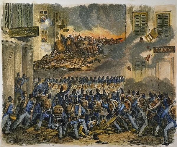 GERMANY: 1848 REVOLUTION. Troops storming a barricade in the Donesgasse in Frankfurt, Germany, on Sept. 18, 1848: contemporary German colored engraving