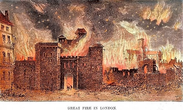 GREAT FIRE OF LONDON, 1666. The Great Fire of London, 1666, which destroyed 13, 200 houses and 89 churches but with a total death toll of six persons: wood engraving, 19th century