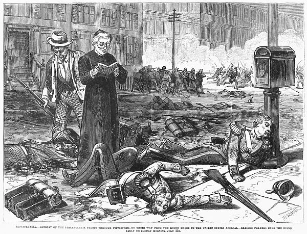 GREAT RAILROAD STRIKE, 1877. A priest reads prayers over dying militiamen as the troops retreat through Pittsburgh, Pennsylvania, during the Great Railroad Strike, 22 July 1877. Contemporary American wood engraving