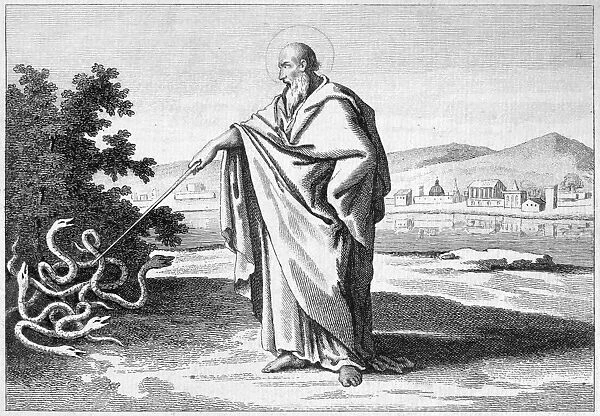 HILARY OF POITIERS (c300-c368 A. D. ) Bishop of Poitiers and Doctor of the Church. Saint Hilary driving out the snakes on an island off the coast of France. Line engraving, late 18th or or early 19th century