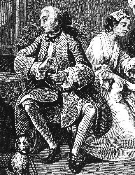 HOGARTH: MARRIAGE, 1743. Detail of a line engraving after the painting, Marriage a la Mode: The Contract, 1743, by William Hogarth
