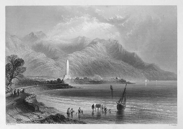 IRELAND: ROSTREVOR, c1840. View of the Ross Monument, erected in honor of British army officer Robert Ross, at Rostrevor, County Down, Northern Ireland. Steel engraving, English, c1840, after William Henry Bartlett