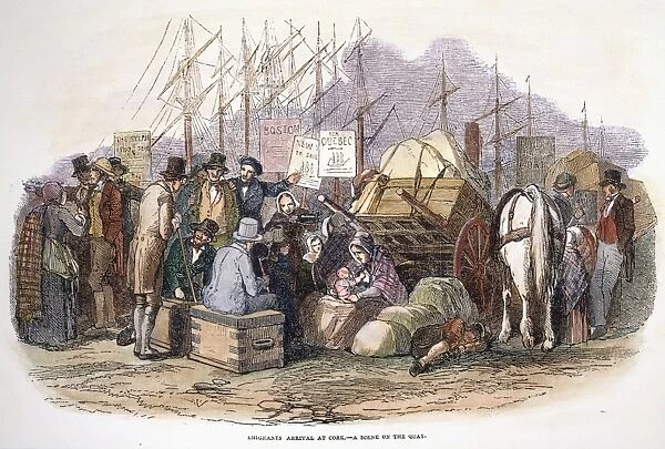 IRISH EMIGRANTS leaving their home for America. A scene from the quay in Cork. Wood engraving, English, 1851