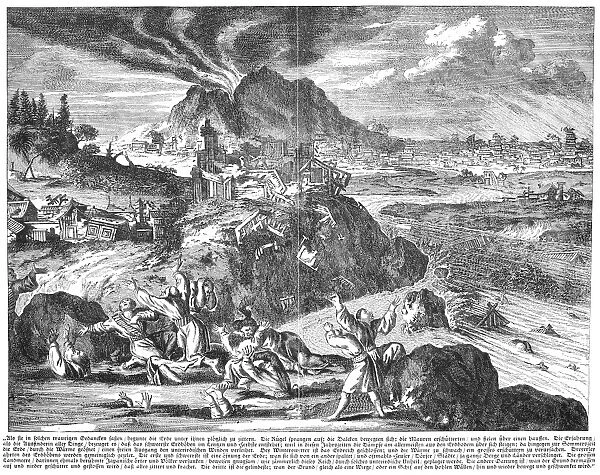 JAPAN: EARTHQUAKE, 1650. The great earthquake at Yedo (Tokyo), Japan, in 1650. Copper engraving, 1669
