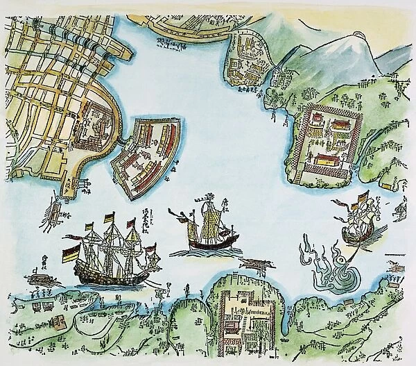 JAPAN: NAGASAKI HARBOR. Dutch and Chinese ships in Nagasaki harbor: detail from a 17th century Japanese map