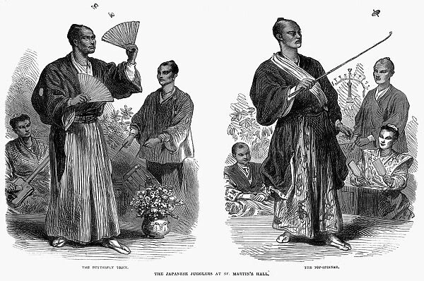 JAPANESE JUGGLERS, 1867. Japanese jugglers performing the butterfly trick and spinning the top at St. Martins Hall, London, England, 1867. Wood engraving from a contemporary English newspaper
