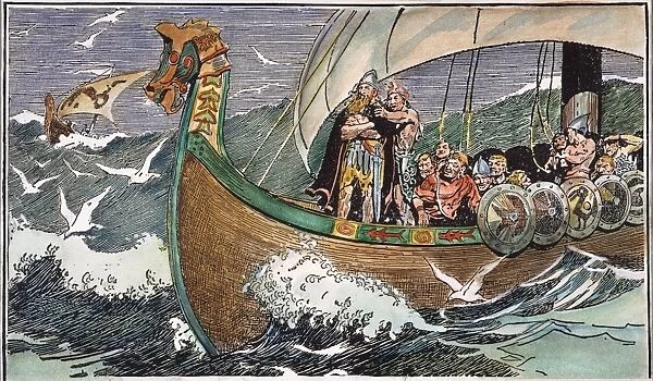 LEIF ERICSSON (c970-1020). With his Viking crew at sea. Drawing, American, early 20th century