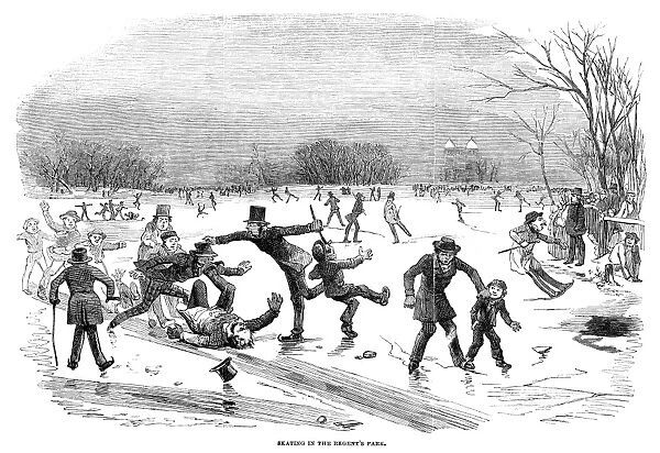 LONDON: ICE SKATING, 1854. Ice skating in Regents Park, London, England. Wood engraving