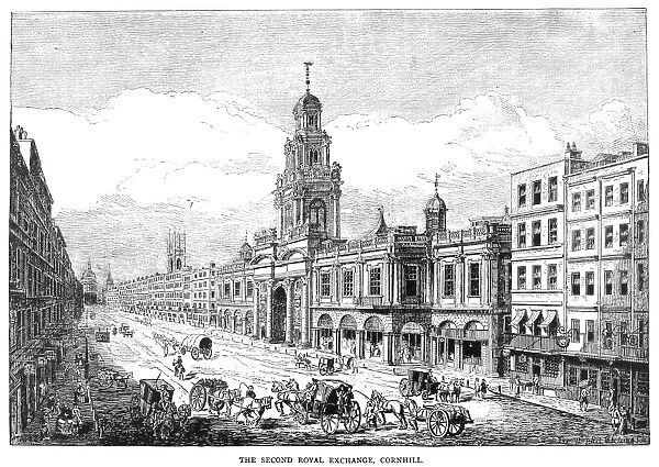 LONDON: ROYAL EXCHANGE. The Second Royal Exchange, Cornhill. Wood engraving, English