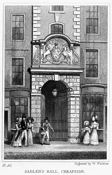 LONDON: SADLERs HALL. View of Sadlers Hall, Cheapside, London, England. Steel engraving, English, 1830, after Thomas Shepherd