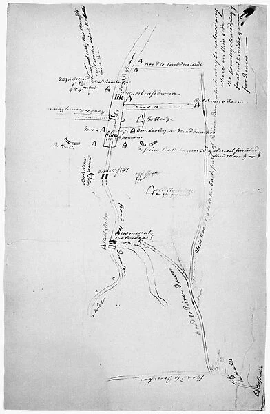 Map of the British encampment at Prince Town, New Jersey, obtained by a Revolutionary spy for General George Washington to surprise British troops at the Battle of Princeton, 3 January 1777